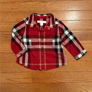 Burberry Children Infant Red Black Plaid Button Down Dress Shirt 6 Months